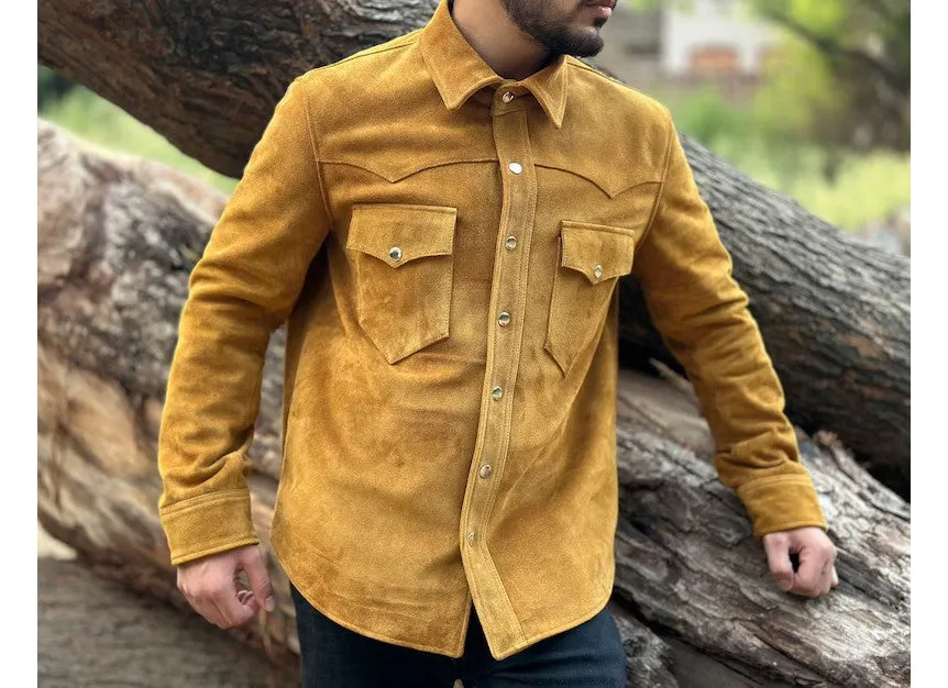 Soleil Genuine Tan Suede Leather Shirt Jacket Men Biker Motorcycle