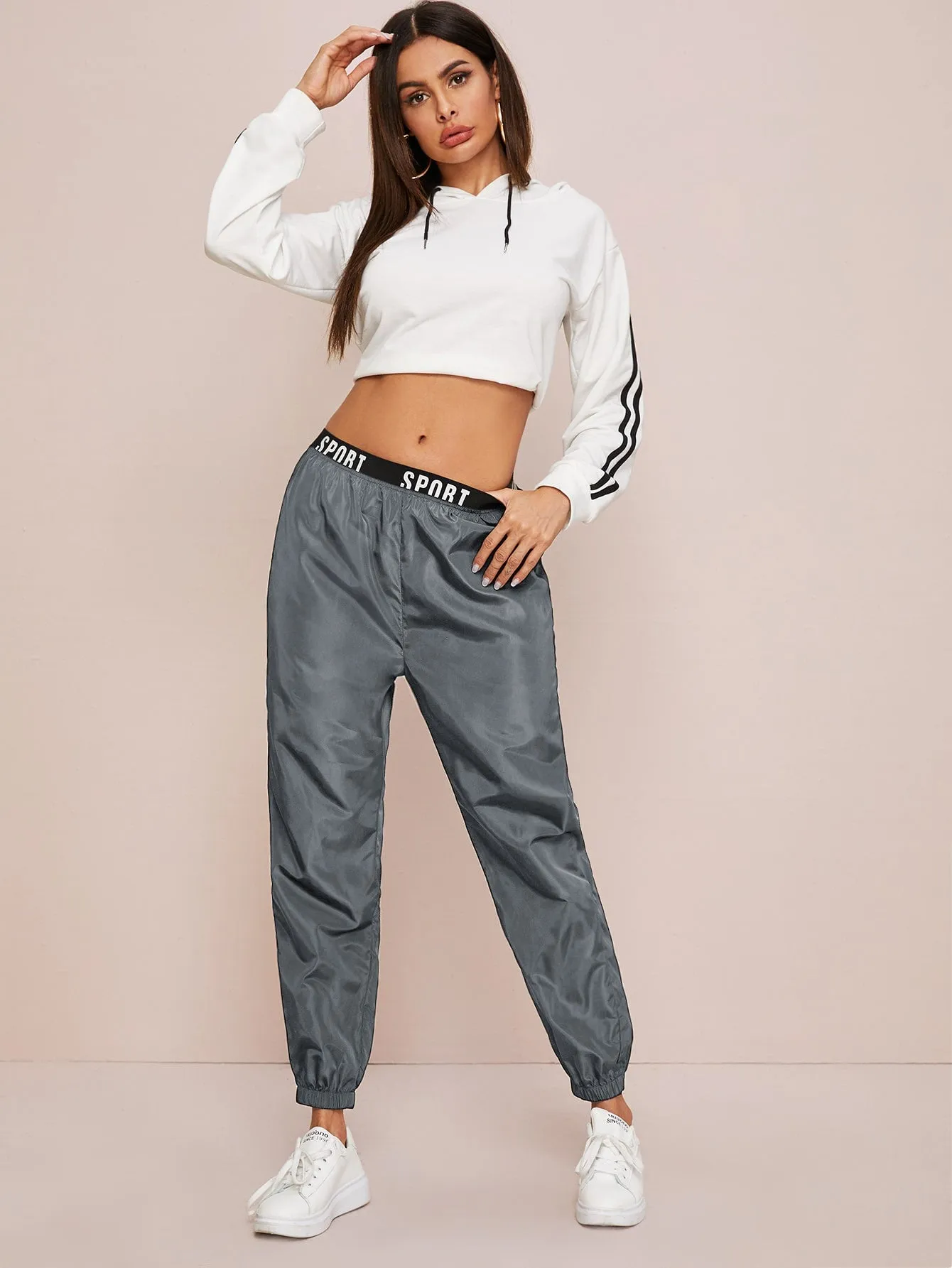 Sporty Letter Natural Cropped Women Pants