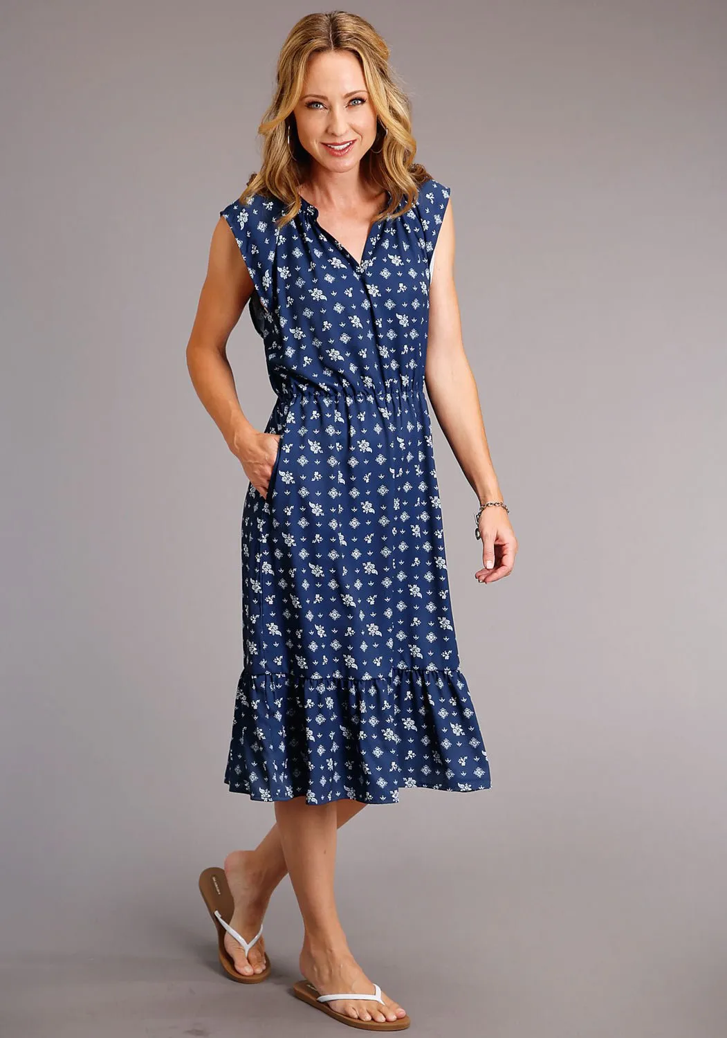 Stetson Womens Blue Rayon/Nylon Vintage Ditzy S/L Dress