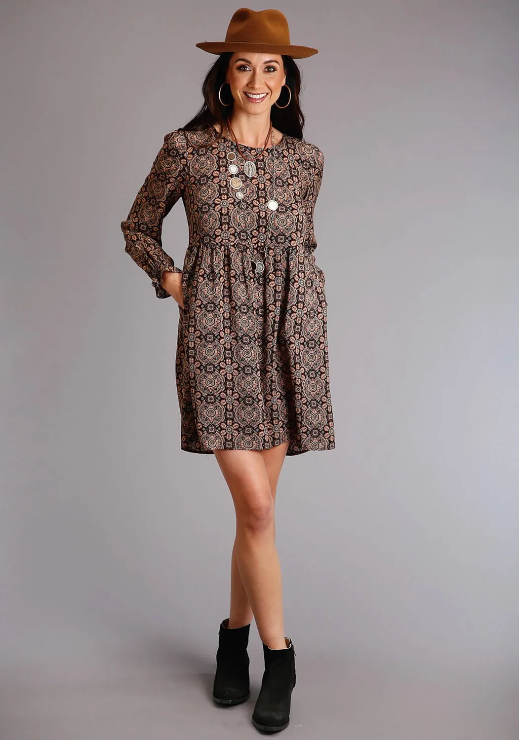 Stetson Womens Brown Rayon/Nylon Paisley Print L/S Dress