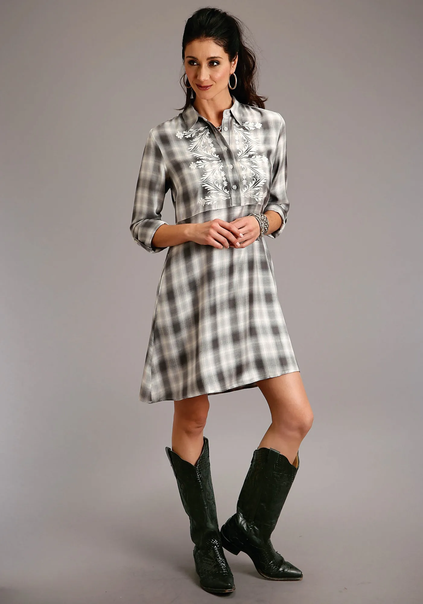 Stetson Womens Smokey Grey Rayon/Nylon Ombre Plaid L/S Dress M