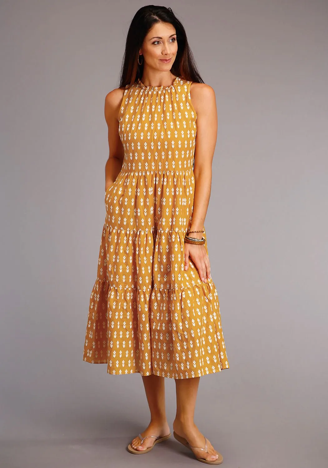 Stetson Womens Yellow 100% Cotton Aztec Schiffli S/L Dress L