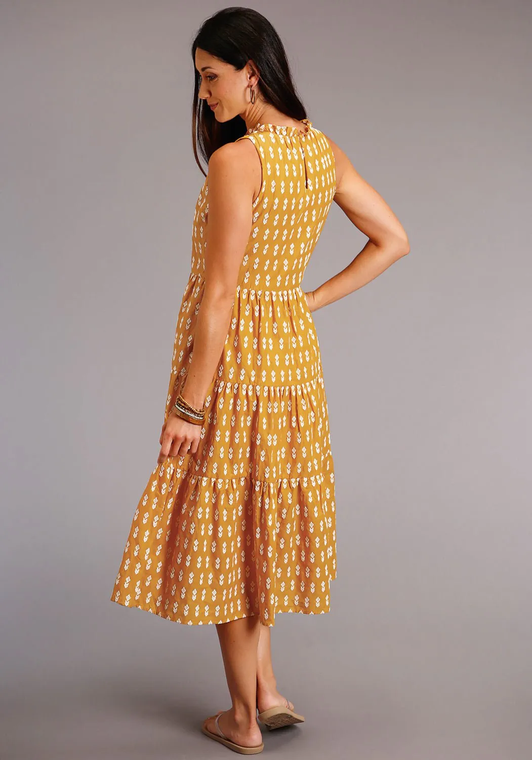 Stetson Womens Yellow 100% Cotton Aztec Schiffli S/L Dress L