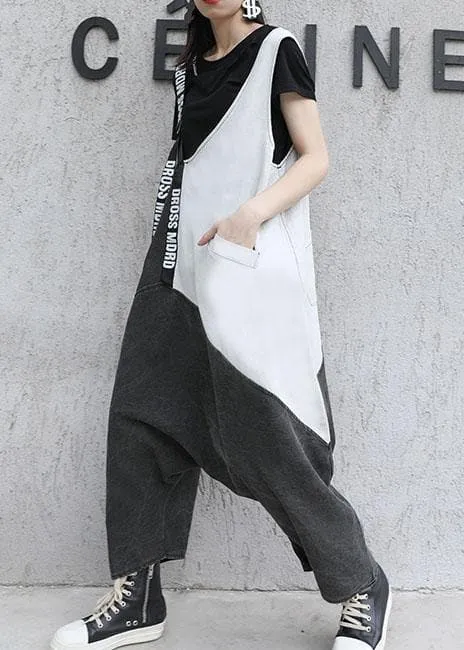 Strap  retro black gray patchwork overalls casual pants jeans women