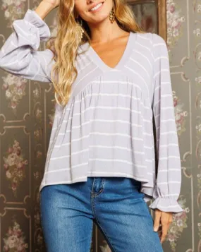 Striped V-Neck Ruffle Cuff Knit Top