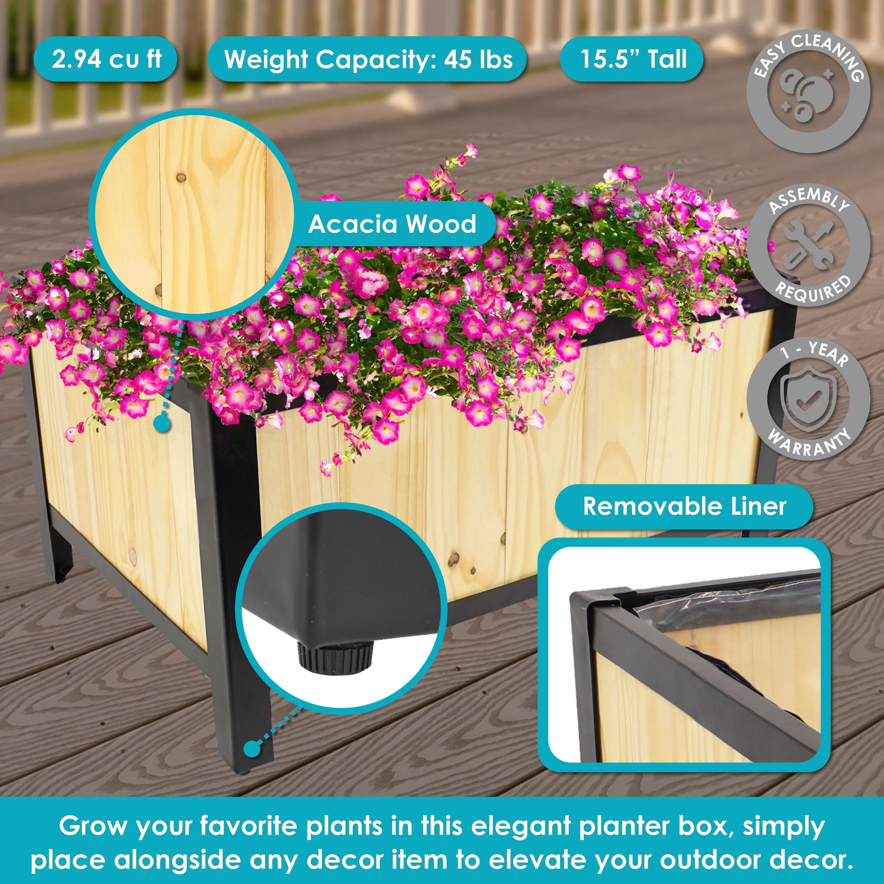 Sunnydaze Steel-Framed Acacia Wood Raised Garden Bed - 15.5" H