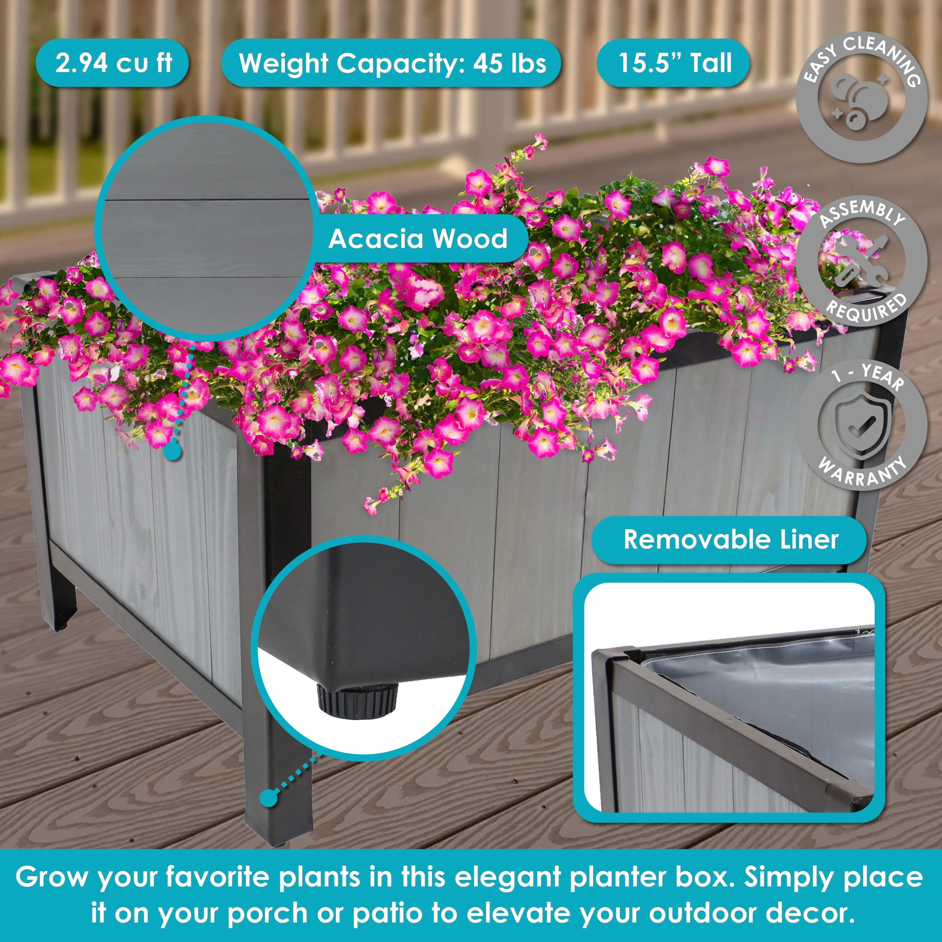 Sunnydaze Steel-Framed Acacia Wood Raised Garden Bed - 15.5" H