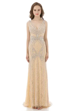 V-neck Gold Luxury Long Evening Dress Formal Prom Dress
