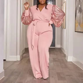 V-Neck Slim-Fit Mesh Stitching Long-Sleeve Jumpsuits