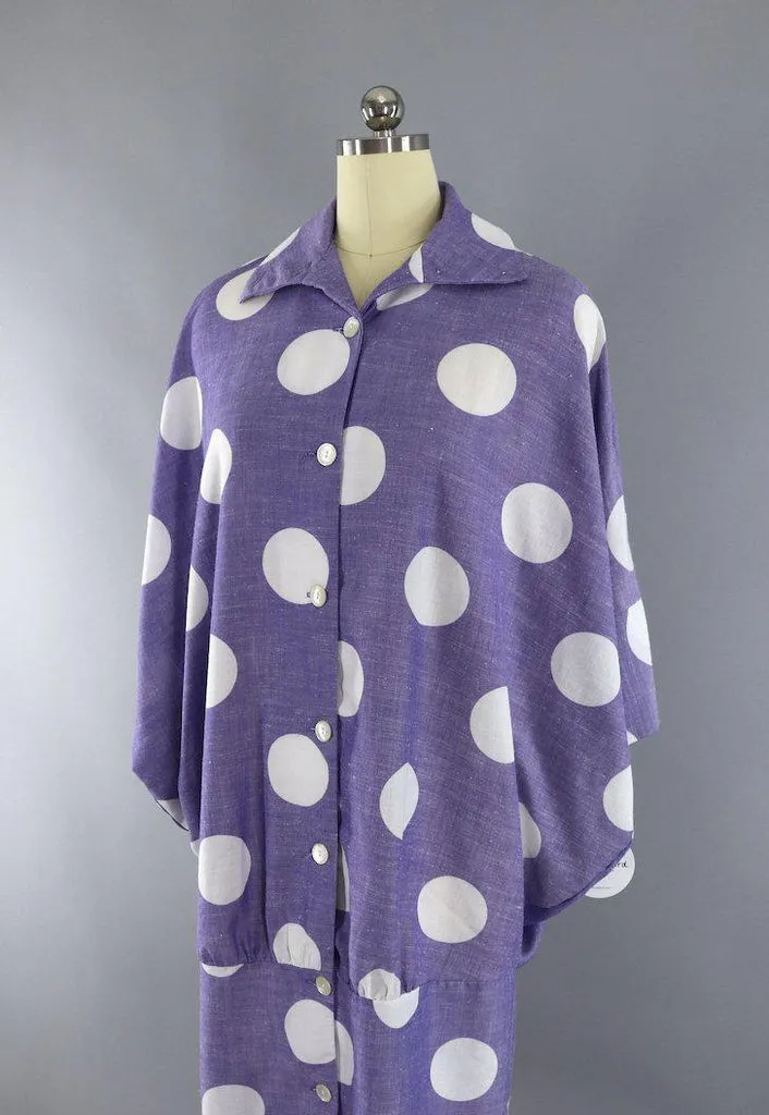 Vintage 1980s Puccini Day Dress / Periwinkle Blue Polka Dots
