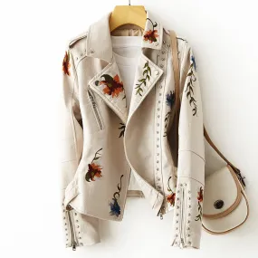 Vintage Floral Embroidery Faux Leather Moto Jackets