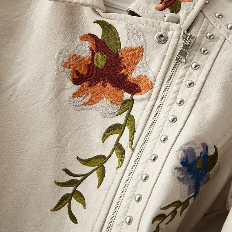 Vintage Floral Embroidery Faux Leather Moto Jackets