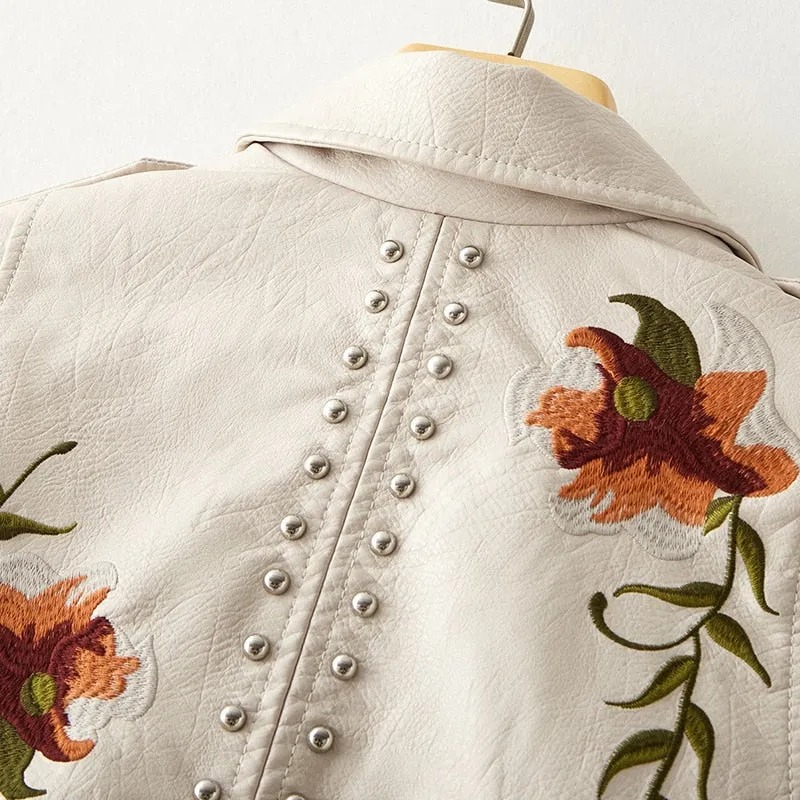 Vintage Floral Embroidery Faux Leather Moto Jackets