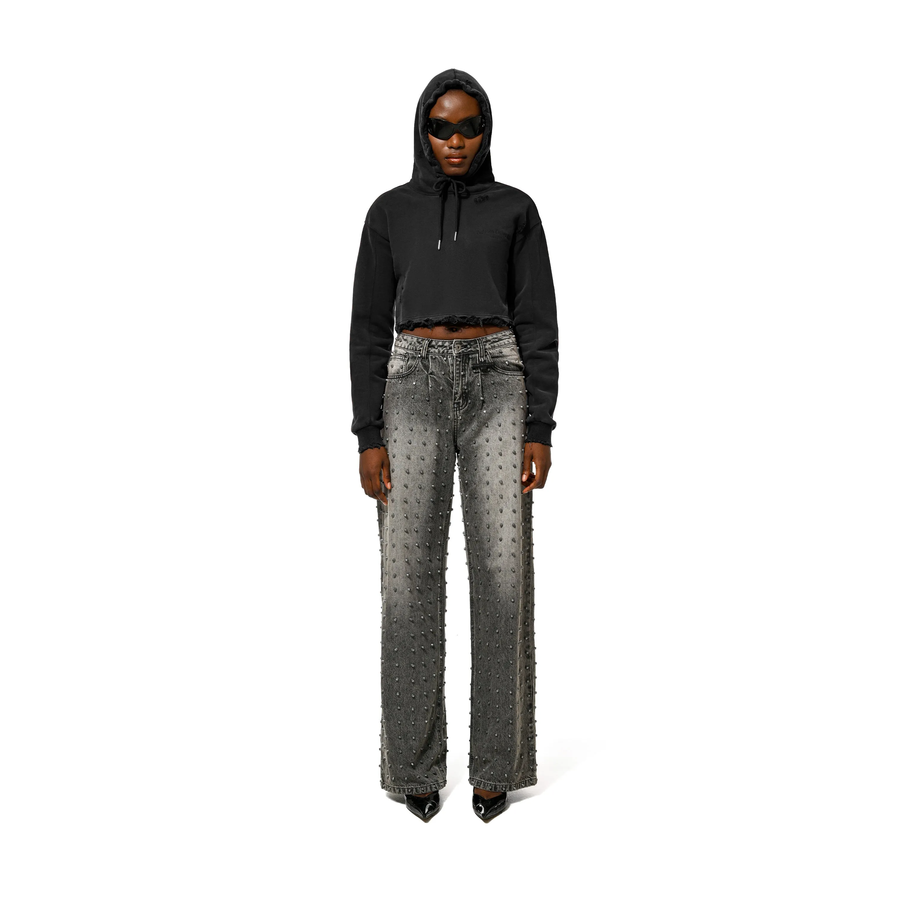 WASHED STUDDED JEANS - ASH GREY