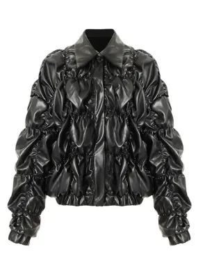 Wenkouban-Winter outfits Christmas Covered Button Short Black PU Leather Puffer Jacket