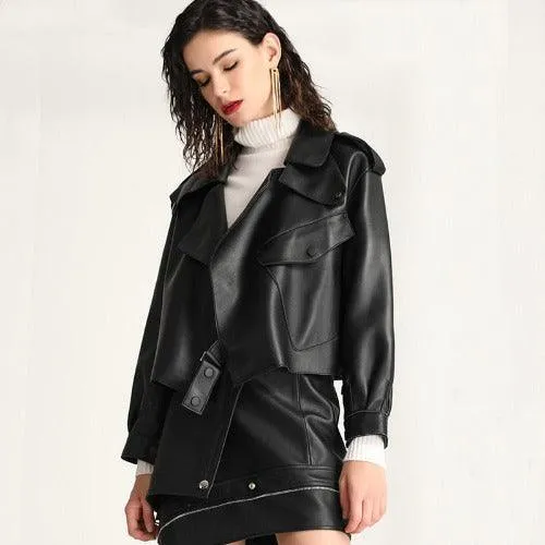 Wenkouban-Winter outfits Christmas Epaulet Double Breasted Leather Jacket