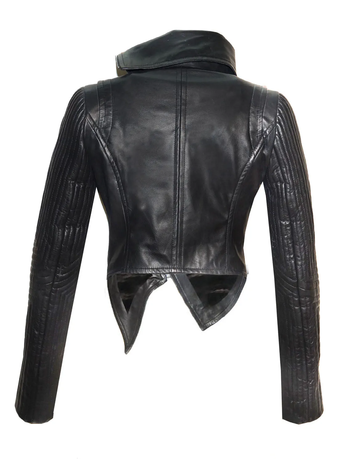 Women Leather Asymmetrical Soft Leather Jacket Multi Quilted Sleeve