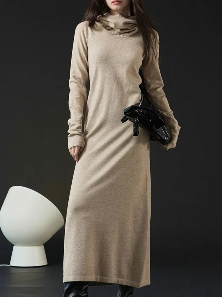 Women Oat Color Knitting Ankle Length Dress New Hooded Long Sleeve Loose Fit Fashion Tide