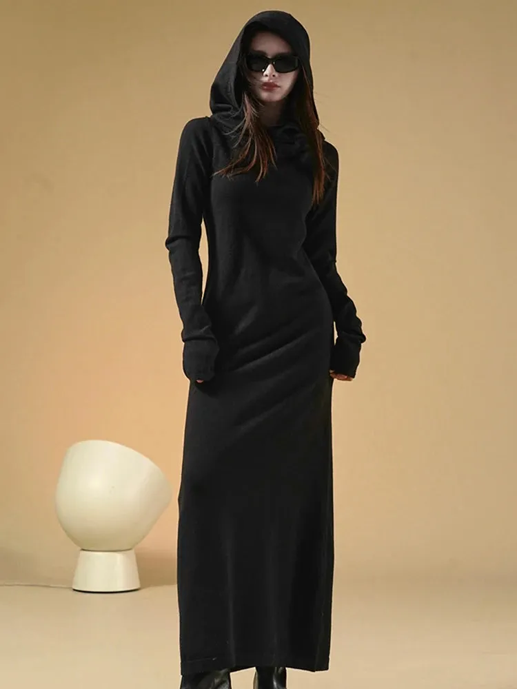 Women Oat Color Knitting Ankle Length Dress New Hooded Long Sleeve Loose Fit Fashion Tide