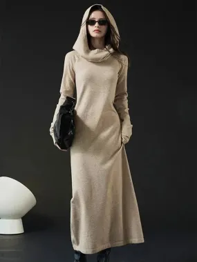 Women Oat Color Knitting Ankle Length Dress New Hooded Long Sleeve Loose Fit Fashion Tide