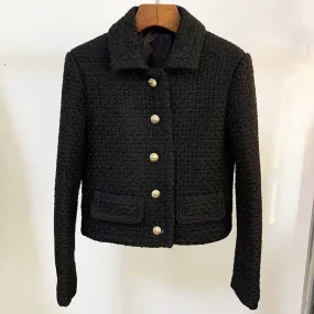 Womens Black Tweed Wool Coat Short Stand Collar Blazer Jacket