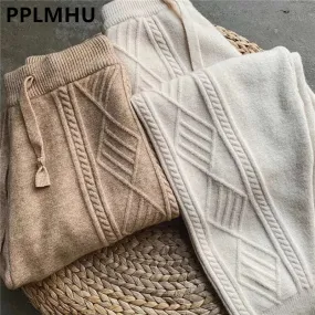 Women's Chunky Cable Knitted Sweatpants Casual High Waist Thick Harem Ankle-Length Loose Pants