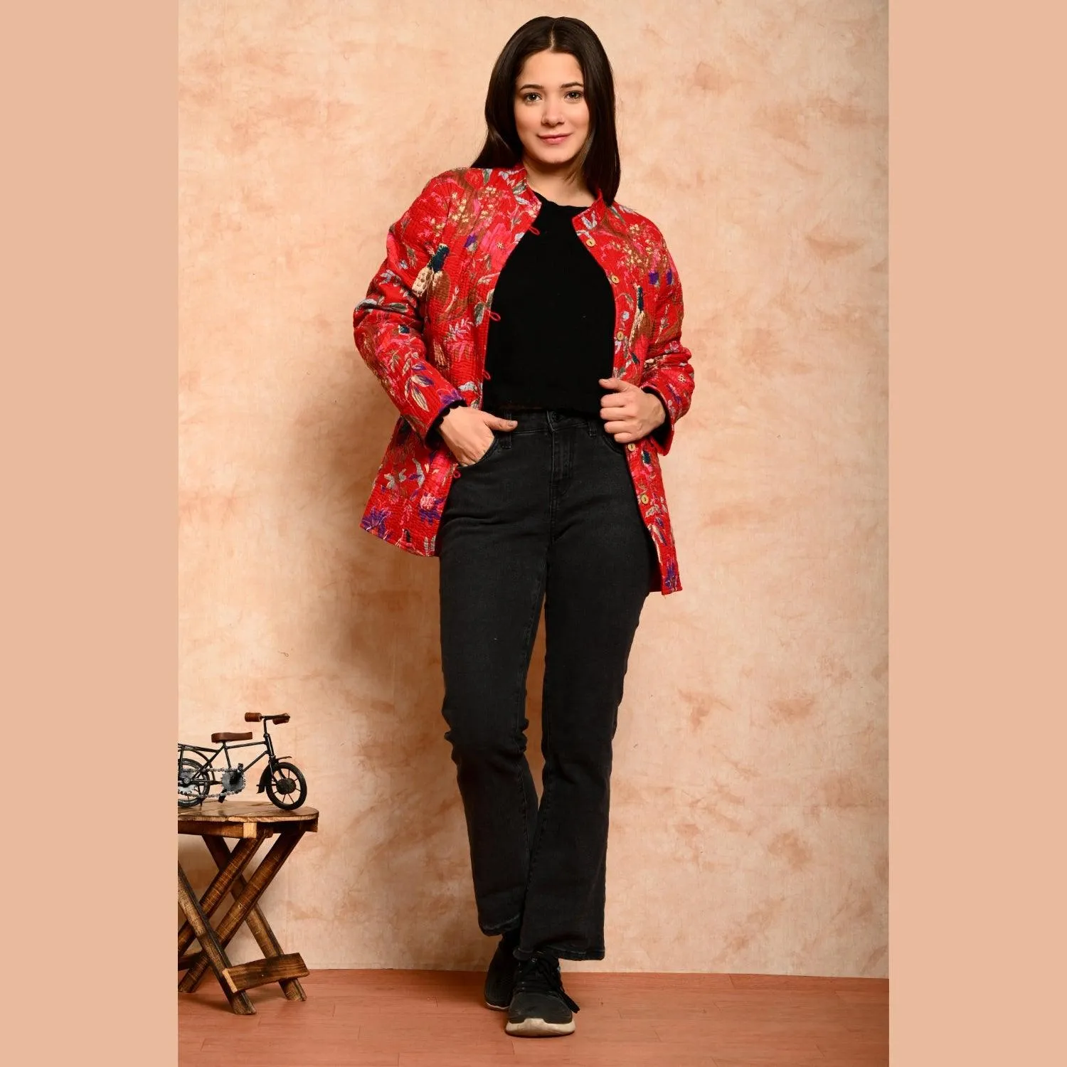 Women's Cotton Floral Print Quilted Jacket - SHKL1012