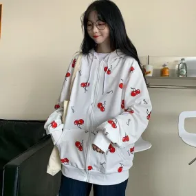 Y2K White Cherry Printed Kawaii Style Oversized Zip Up Zipper Hoodie For Women's - Clothing Fashion